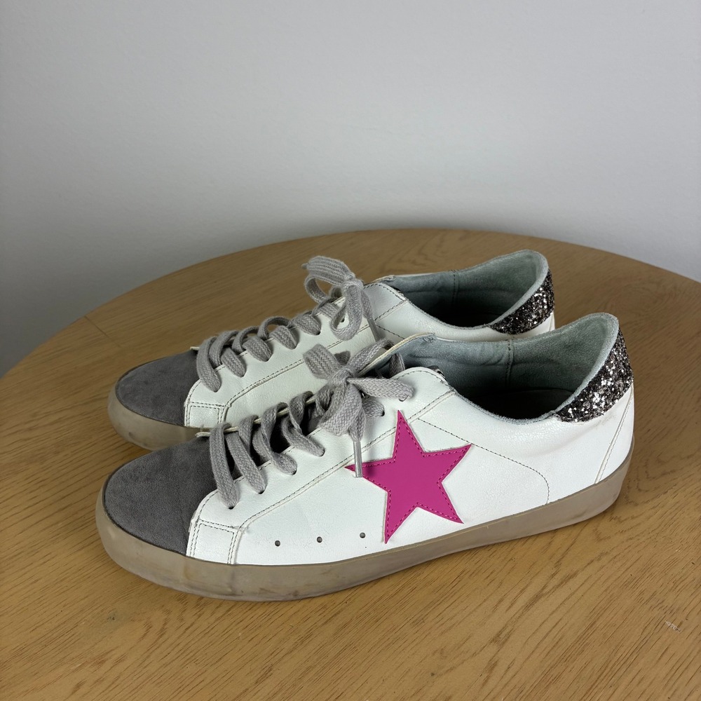 Shu Shop Paris Leather Star Glitter Sneakers Women's 8.5 Low Top Comfort Glam